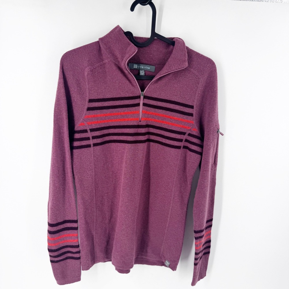 Title Nine XS Purple Stripe Quarter Zip Pullover Merino Wool Blend Sweater‎